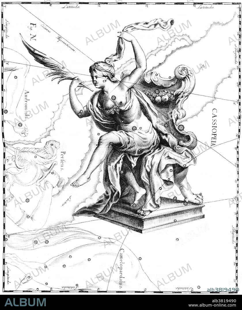 Cassiopeia constellation from Johannes Hevelius' Prodromus astronomiae, Firmamentum Sobiescianum, sive Uranographia, 1687. Cassiopeia is a constellation in the northern sky, named after the vain queen Cassiopeia in Greek mythology, who boasted about her unrivaled beauty. Cassiopeia was one of the 48 constellations listed by the 2nd century Greek astronomer Ptolemy, and it remains one of the 88 modern constellations defined by the International Astronomical Union. It is easily recognizable due to its distinctive 'W' shape, formed by five bright stars. It is bordered by Andromeda to the south, Perseus to the southeast, and Cepheus to the north. She is opposite the Big Dipper, and from northern latitudes can be seen at her clearest in early November. The Hevelius Firmamentum was the first star atlas to rival Bayer's Uranometria in accuracy, utility, innovation, and influence. Hevelius was perhaps the most active observational astronomer of the last half of the seventeenth century. His star atlas is notable for many reasons. It contains 56 large, double page engraved star maps. The star positions for the charts were derived from his own star catalog, based on his own observations, which was first published along with the atlas. It is unique among the Grand Atlases in choosing to depict the constellations as they would appear on a globe, that is, from the outside looking in, rather than from a geocentric point of view, as Bayer and most others adopted.