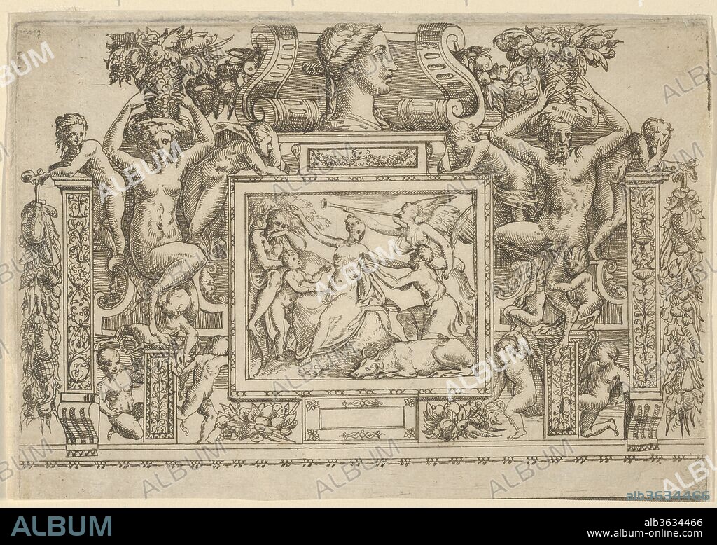 Woman seated with arms outstretched, personification of Fame with trumpet at right, set within an elaborate frame. Artist: Battista Angolo del Moro (Italian, Verona ca. 1515-ca. 1573 Murano); Formerly attributed to Andrea Schiavone (Andrea Meldola) (Italian, Zadar (Zara) ca. 1510?-1563 Venice); After Jacques Androuet Du Cerceau (French, Paris 1510/12-1585 Annecy). Dimensions: Sheet: 5 1/8 × 7 1/8 in. (13 × 18.1 cm). Date: ca. 1540-80.