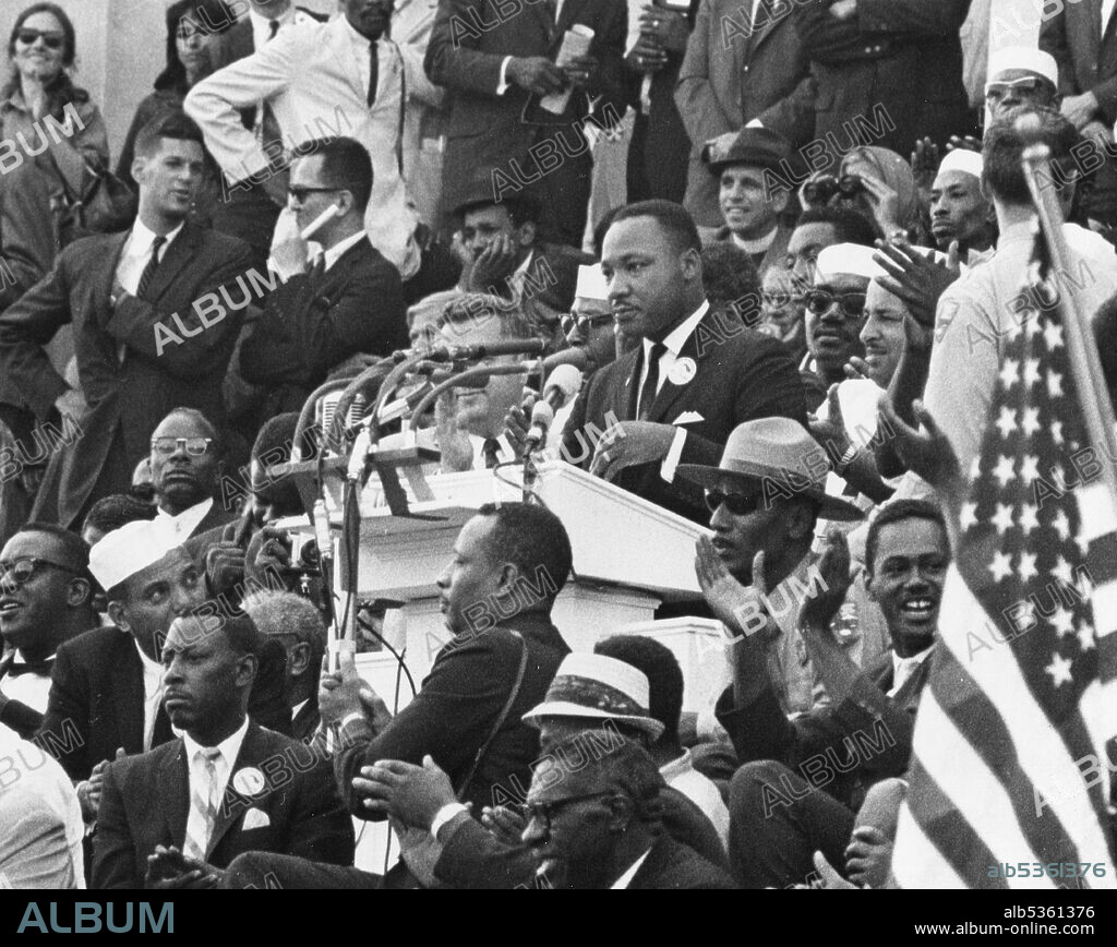Dr. Martin Luther King, Jr. addresses the crowd on the steps of the Lincoln Memorial during the historic March on Washington. 8/28/1963. (GG Vintage Images/UIG).