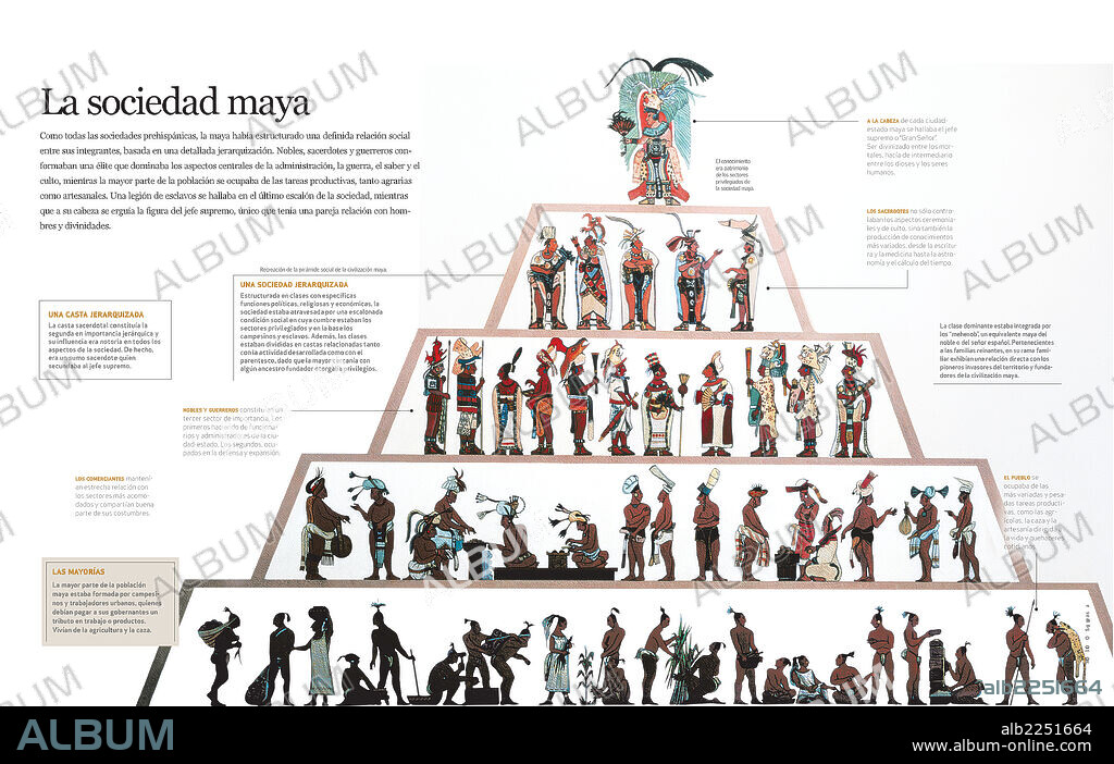 La sociedad maya. Infografía que describe la estructura social maya, fuertemente jerarquizada, así como el tipo de economía y gestión del conocimiento por las castas más privilegiadas.