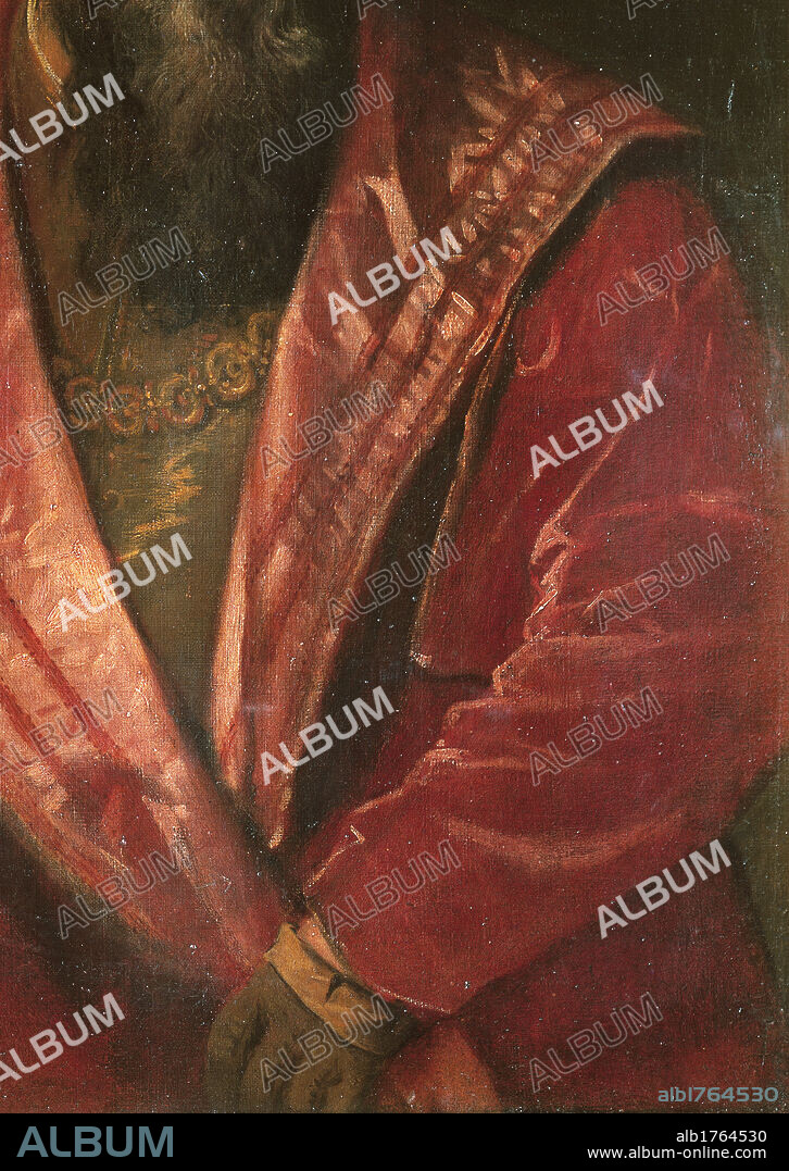 Portrait of Pietro Aretino, by Tiziano Vecellio known as Titian, 1545, 16th Century, oil on canvas, cm 96,7 x 77,6. Italy, Tuscany, Florence, Palazzo Pitti, Palatine Gallery. The long-standing fellowship between Pietro Aretino and Titian is marked by the many letters mailed by the Tuscan versatile writer and some portraits. Detail. Male portrait bust bearded man scholar man of letters Pietro Aretino overgarment red pink rose colored highlights chain. Authorization required for non editorial use.