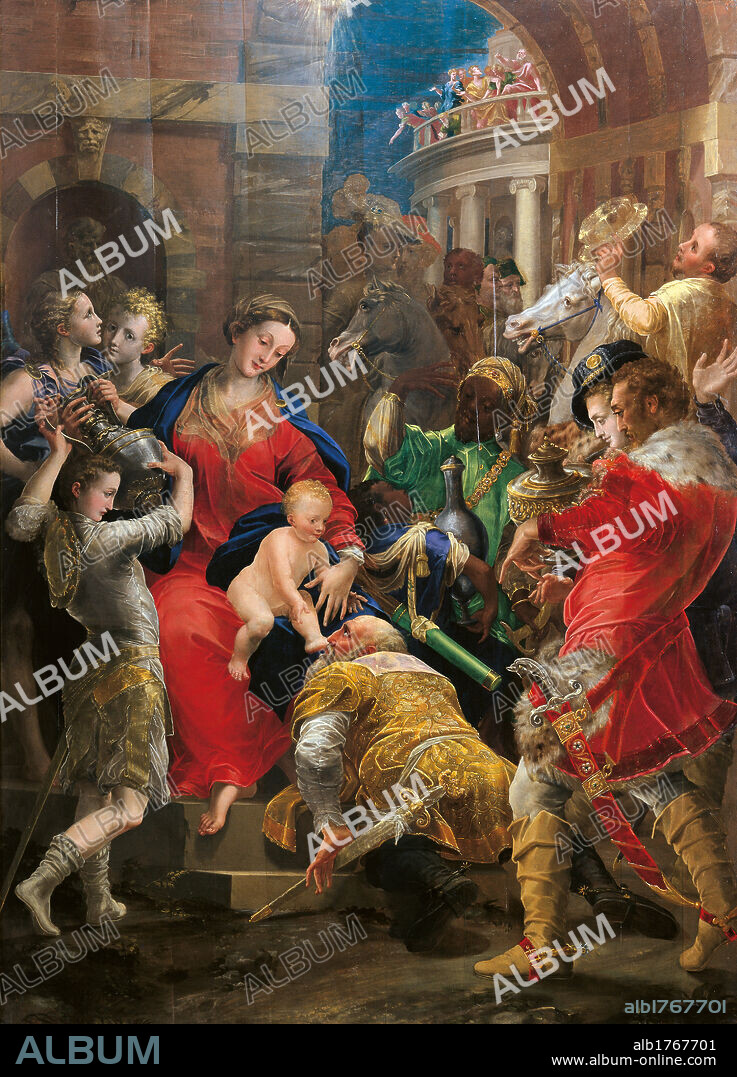 Adoration of the Magi, by Girolamo Mazzola Bedoli, 1547, 16th Century, oil on canvas, cm 293 x 215. Italy, Emilia Romagna, Parma, National Gallery. All. Adoration king Magi Baby Child Jesus Virgin Mary gifts Moor turban green red blue yellow horses arch balustrade saber vase gold frankincense myrrh. Authorization required for non editorial use.