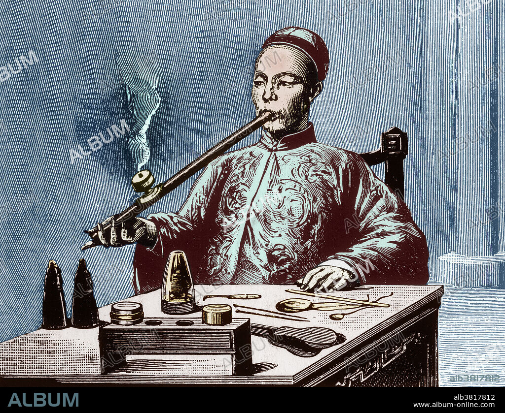 Man smoking opium through an opium pipe. Opium is a narcotic drug obtained from the seeds of the opium poppy. It contains the chemicals morphine and codeine, as well as other alkaloids. The opium resin from the poppy is processed, and then burned in pipes. The smoker inhales the vapours from the burning resin. Opium is an addictive drug. In the 19th century and the early 20th century, opium smoking was common worldwide, especially in Asia, which was one of the sources of the opium poppy. There were many opium dens where such smoking took place.