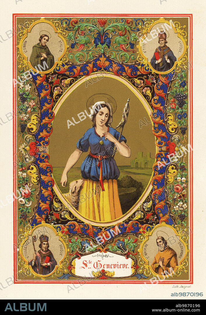 Portrait of St. Genevieve, patron saint of Paris, 422-521, with halo, holding a distaff and lamb within decorative border. With vignettes of St Simeon Stylites, St. Titus, Bishop of Crete, Saint Macarius of Alexandria, and Saint Fulgence, Bishop of Ethiopia. Chromolithograph by Jacquet from Legende Celeste, nouvelle histoire de la Vie des Saints, Celestial Legend Lives of the Saints, Paul Mellier, Paris, 1845.
