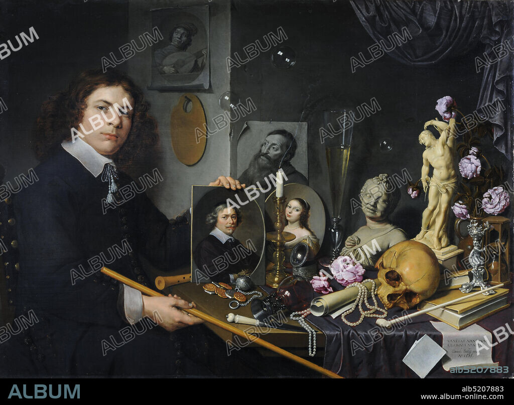 Vanitas still life with a self-portrait of the young painter, painting, David Bailly, 1651, Signature front, bottom right, on paper: David. Bailij. pinxit. / Ao 1651, panel, oil paint, painted, Carrier: 89.5 x 122 x 0.8cm (895 x 1220 x 8mm), With frame: 118 × 150 × 5.5cm (1180 × 1500 × 55mm) , flute, self-portrait, self-portrait, book, skull, woman's portrait, man's portrait, candlestick, rose, vanitas, interior, coin (medium of exchange), Chalk drawing depicting a man's portrait. The man looks to the left and holds his head in his hand. He is wearing a striped bosom. Not signed.