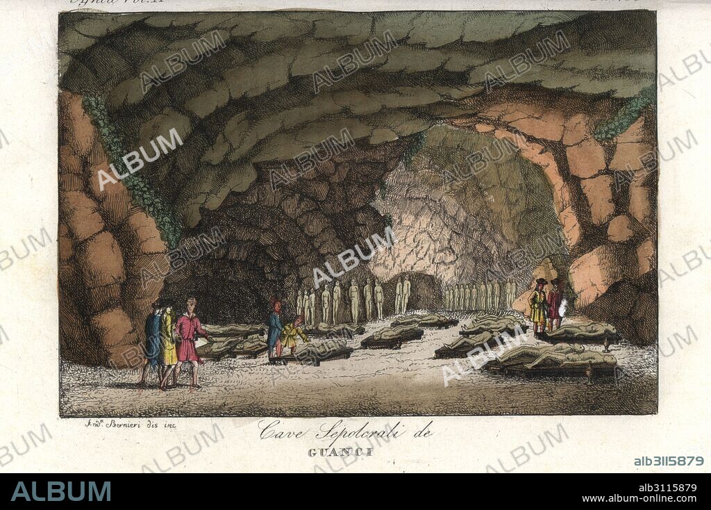 Sepulchral cave with mummies of the Guanche (aboriginal Berber) people on the Canary Islands. Handcoloured copperplate engraving by Andrea Bernieri from Giulio Ferrario's Ancient and Modern Costumes of all the Peoples of the World, Florence, Italy, 1843.