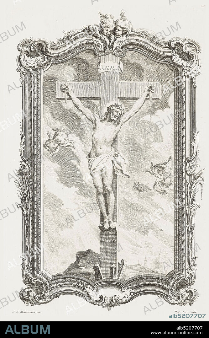 Christ on the Cross, plate 118, in Oeuvres de Juste-Aurèle Meissonnier (Works by Juste-Aurèle Meissonnier), Juste-Aurèle Meissonnier, French, b. Italy, 16951750, Pierre-Alexandre Aveline, French, 17021760, Gabriel Huquier, French, 16951772, Engraving on white laid paper, Framed Christ on cross. Frame decorated with putti heads, reeds and foliage. Above Christ, on cross written: J. N. R. J. Five putti heads in sky around Christ, whose palms are bleeding. Below, a pyre ready, rocks, and dome of church visible in background right., Paris, France, 1748, figures, Print, Print.