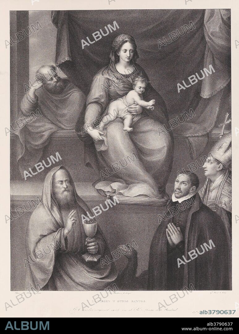 JOSE DE MADRAZO Y AGUDO and GASPAR SENSI Y BALDACHI. Gaspar Sensi y Baldachi (Lithographer) (After Prado, Blas de); José de Madrazo y Agudo (Director); Real Establecimiento Litográfico de Madrid (Printer) / 'The Holy Family, Saint Ildephonsus, Saint John the Evangelist and Master Alonso de Villegas'. 1832 - 1837. Lithographic aquatint, Crayon lithography, Printing on japon, Scraper on wove paper; 1832 - 1837. Lithographic aquatint, Crayon lithography, Printing on japon, Scraper on wove paper.