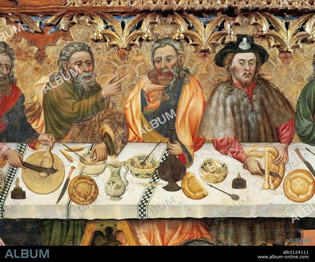 FERRER I, Jaume (n. Lleida, activo hasta mediados del siglo XV). Pintor catalán, miembro de una familia de pintores leridanos. "SANTA CENA". Detalle de un grupo de apóstoles, usando vasija de Manises y del Ave María. Pintura al temple sobre madera. Tamaño: 115 x 327 cm. Lleida?, primer tercio del siglo XV. Museu Diocesà i Comarcal de Solsona. Cataluña.