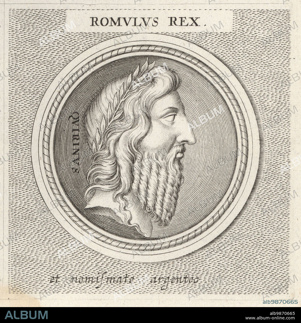 Romulus, legendary founder and first king of Rome. Romulus Rex. Copperplate engraving after an illustration by Joachim von Sandrart from his LAcademia Todesca, della Architectura, Scultura & Pittura, oder Teutsche Academie, der Edlen Bau- Bild- und Mahlerey-Kunste, German Academy of Architecture, Sculpture and Painting, Jacob von Sandrart, Nuremberg, 1675.