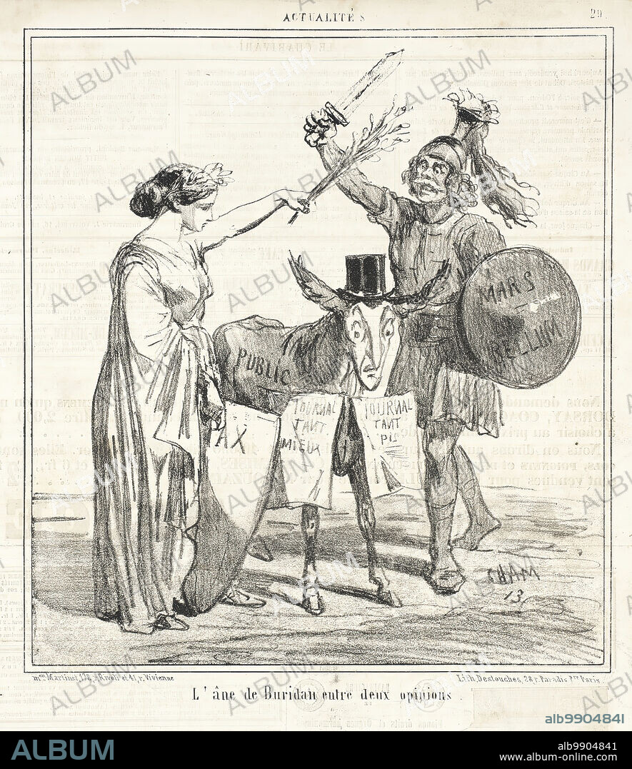 CHAM. L'âne de Buridan entre deux opinions, 1859. From Actualites.