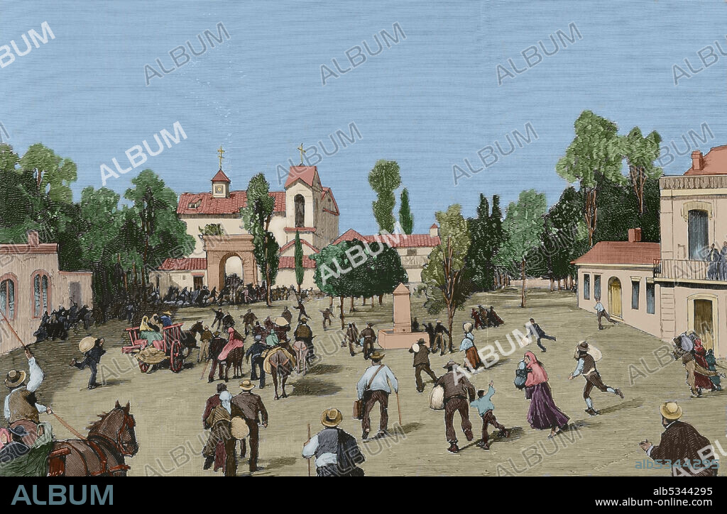 BERNARDO RICO (1825-1894). SPANISH PAINTER AND ENGRAVER.. Durante el segundo tercio del siglo XIX muchos europeos fueron a hacer fortuna al norte de Argelia. El 11 de junio de 1881 los hombres de Bu-Amena atacaron a los agricultores provocando el pánico entre los emigrantes europeos. Muchos regresaron a sus paises de origen. Argelia, Saida (Orán). Pánico de los habitantes europeos al llegar los colonos que pudieron librarse de las matanzas de Kharfaffah. Grabado por Bernardo Rico y Ortega (1825-1894). Coloreado. La Ilustración Española y Americana, 8 de agosto de 1881.