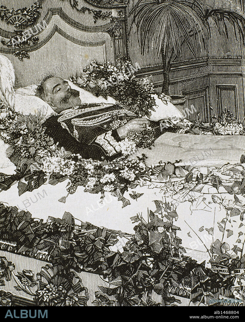AMADEO I (1845-1890). Primer duque de Aosta y rey de España (1871-1873). Hijo de Víctor Manuel II de Italia. S. XIX. "AMADEO I DE CUERPO PRESENTE". Grabado.