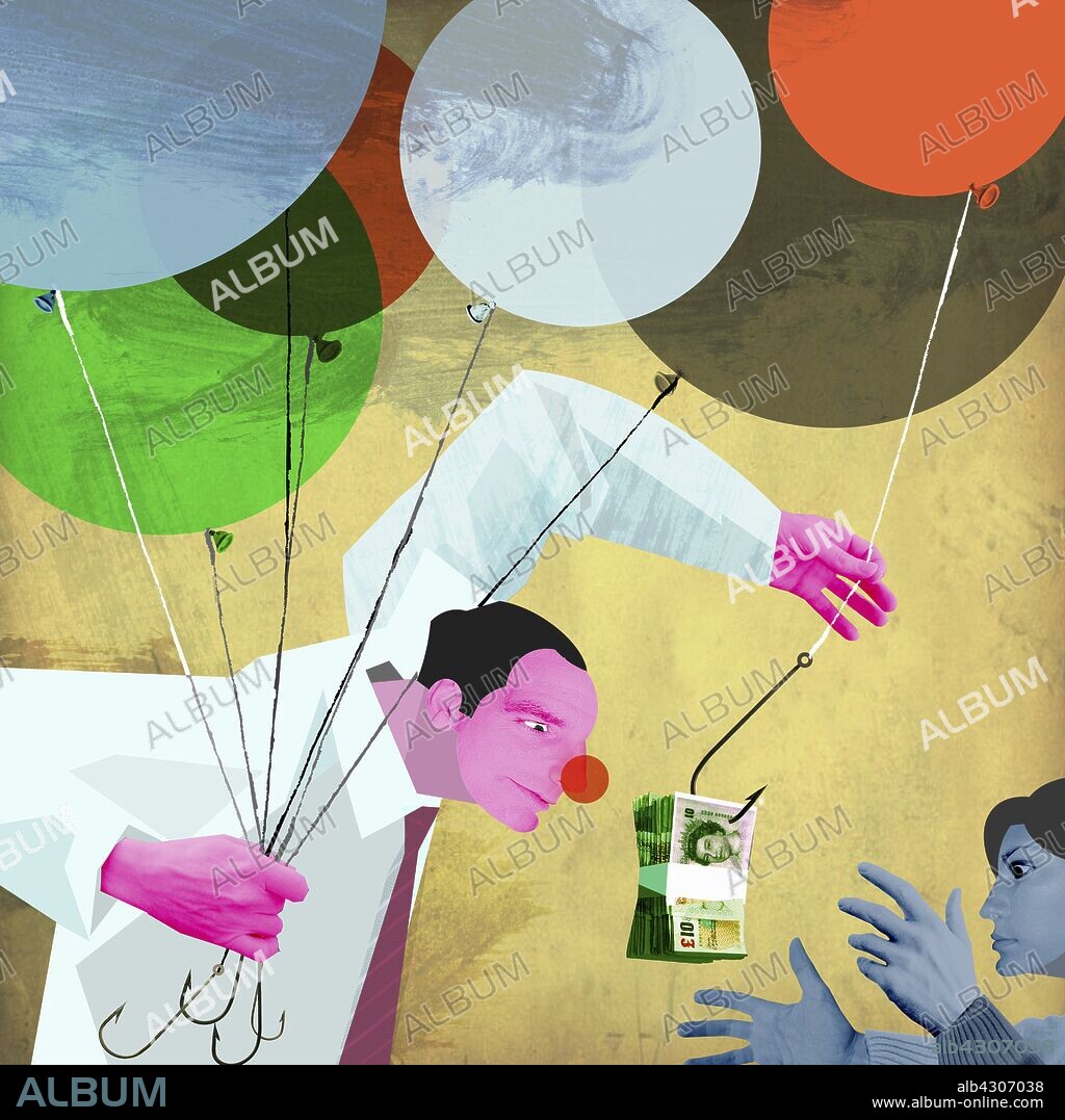 Businessman with clown nose dangling British pound banknotes on hook in front of woman.