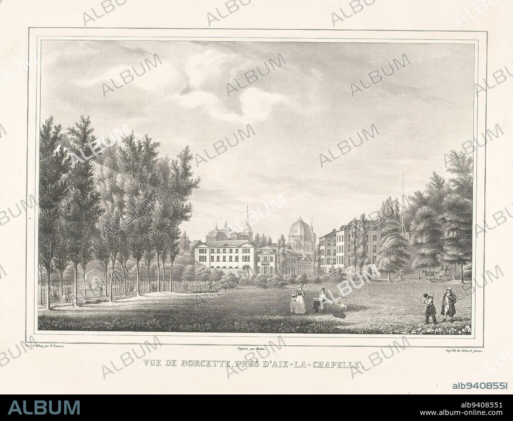 View of Burtscheid, near Aachen, Vue de Borcette, près d'Aix-La-Chapelle (title on object), print maker: Jean Nicolas Ponsart, (mentioned on object), print maker: Jean Baptiste Madou, (mentioned on object), after own design by: Jean Nicolas Ponsart, (mentioned on object), 1829, paper, height 480 mm × width 623 mm.