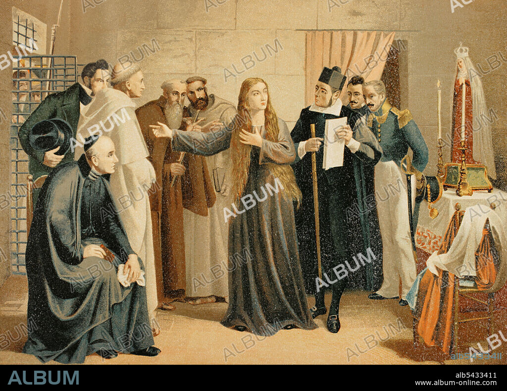 Mariana Pineda (1804-1831). Heroína española, símbolo liberal de la lucha contra el poder absolutista del rey Fernando VII. Llegó a conocimientos de Ramón Pedrosa y Andrade, alcalde del Crimen de la Chancillería de Granada, que Mariana había encargado a dos bordadoras del Albaicín la confección de una bandera constitucional para una rebelión en Granada. A partir de este instante se sucedieron una serie de hechos que acabaron con la vida de Mariana de Pineda, siendo ejecutada el 26 de mayo de 1831 en garrote vil. Mariana Pineda parte para el patíbulo. Ilustración a partir del cuadro "Mariana Pineda en capilla", obra del pintor sevillano Juan Antonio Vera Calvo en 1862. Cromolitografía. Historia General de España, por Miguel Moryata. Tomo IV. Madrid, 1892.