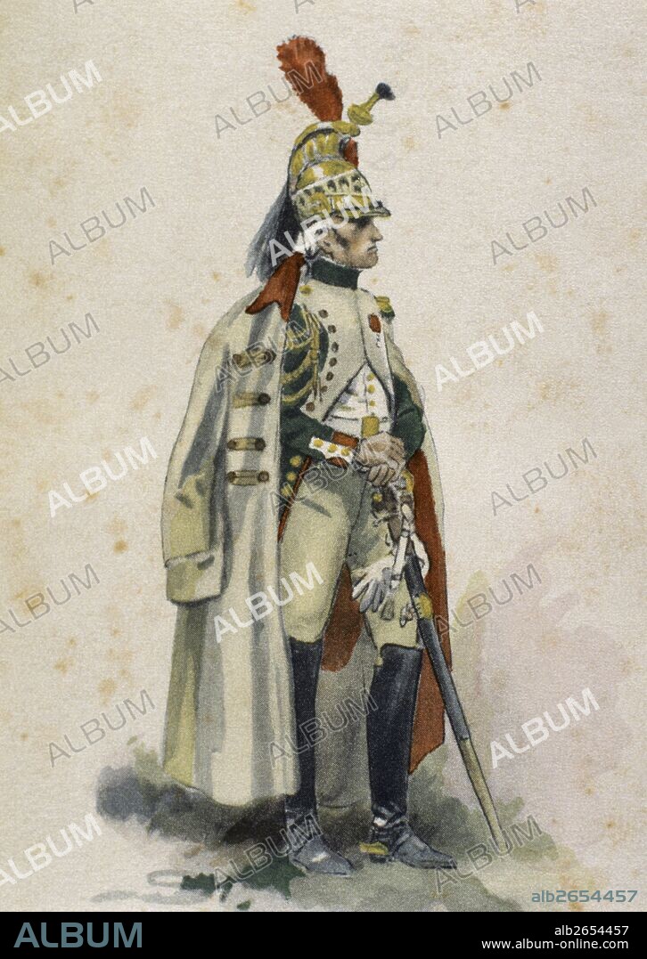 HISTORIA DE FRANCIA. UNIFORMES MILITARES. SIGLO XIX. Oficial de DRAGONES DE LA GUARDIA (1807). En el ejército napoleónico combatieron principalmente en la Guerra de la Independencia Española. Ilustración a color del siglo XIX.