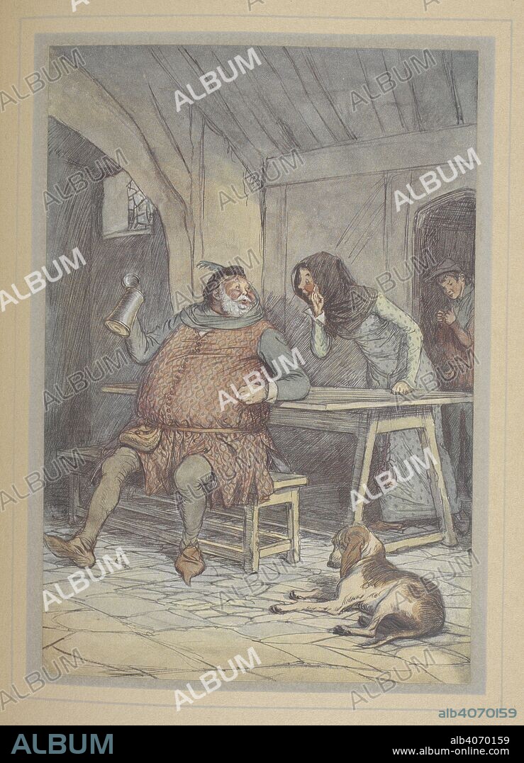 WILLIAM SHAKESPEARE. Falstaff in a pub.  A scene from 'The Merry Wives of Windsor.'. The Merry Wives of Windsor ... Illustrated by Hugh Thomson. London : William Heinemann, 1910. Source: Tab.538.a.13 plate opp. page 54.