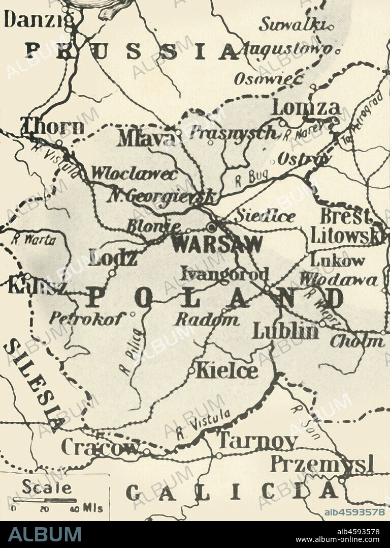 'Map of Poland Showing Russian Territory Occupied by Germany in August, 1915', 1916. By the end of 1915, the Germans had occupied the entire Russian sector, including Warsaw. From "The War Illustrated Album De Luxe - Volume IV. The Summer Campaign - 1915", edited by J. A. Hammerton. [The Amalgamated Press, Limited, London, 1916].
