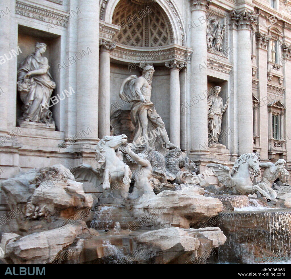 The Trevi Fountain, located in Rome, Italy. Made between 1732-1762 AD. Designed by Nicola Salvi, and completed by Giuseppe Pannini. It is the largest Baroque fountain in Rome and one of the most famous fountains in the entire world.