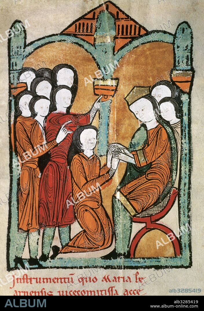 ALFONSO II DE ARAGON y I DE CATALUÑA, "el Casto" (1154-1196). Rey de la Corona de Aragón (1162-1196) Hijo de Ramón Berenguer IV y Petronila. Maria, Condesa de Bearn, hija del vizconde Pedro de Bearn, rindiendo vasallaje al rey Alfonso I, comprometiéndose a no contraer matrimonio sin su consentimiento (año 1170). Miniatura del folio 12 v. LIBER FEUDORUM MAIOR. Siglo XII (1192-1196). Archivo de la Corona de Aragón. Barcelona. Cataluña.