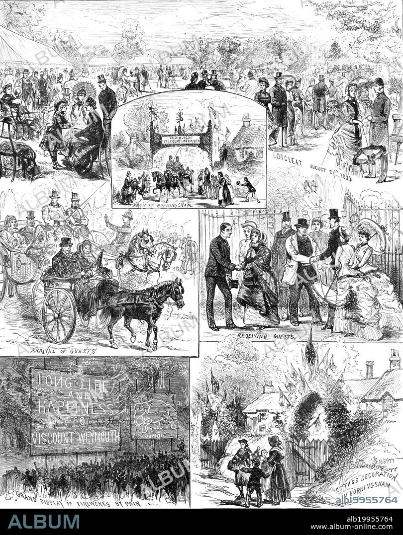 Festivities at Longleat, Wiltshire, Coming of Age of Lord Weymouth, son of the Marquis of Bath, August 21st, 1883. 'Arch at Horningsham; Arrival of guests; Receiving guests; Grand display of fireworks by Pain; Cottage decoration in Horningsham...Viscount Weymouth, the eldest son of the Marquis of Bath, came of age on July 15, but it was on the Tuesday of last week that this event was celebrated with great local festivities...A company of twelve hundred ladies and gentlemen...assembled at luncheon under canvas on the lawn...Mr. Stratton, on behalf of five hundred tenant farmers of the Longleat estate, presented an address of congratulation...and proposed "The Health of Lord Weymouth," which was enthusiastically received...There was a grand display of fireworks in the evening, provided by that skilful pyrotechnist, Mr. James Pain...among the most admired devices of his art was a figure of Jumbo, the famous elephant, nearly as large as life. Our Artist's Sketches represent several other popular features and agreeable incidents of these festive proceedings, the decorations and triumphal arch in the village of Horningsham included'. From "Illustrated London News", 1883.