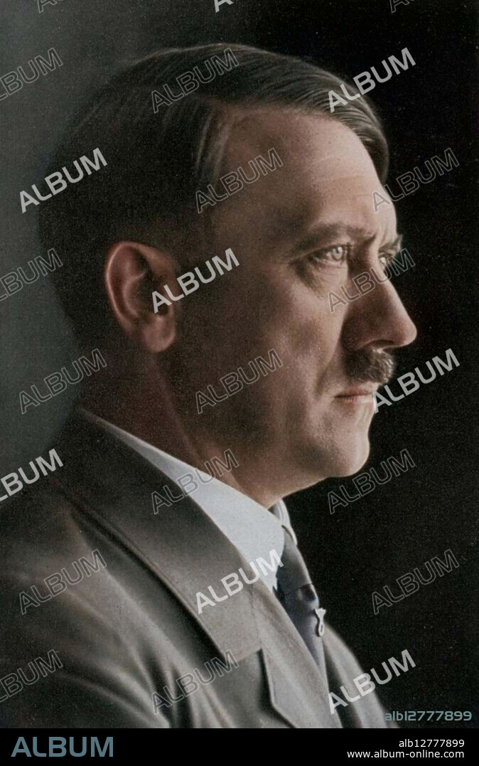 Adolf Hitler at 47, 1936. Adolf Hitler (1889-1945) became leader of the National Socialist German Workers (Nazi) party in 1921. After an unsuccessful coup attempt in Munich in 1923, for which he was briefly imprisoned, Hitler set about pursuing power by democratic means. His nationalistic and anti-semitic message quickly gained support in a Germany humiliated by defeat in World War I and the harsh terms of the Treaty of Versailles and, from the late 1920s, suffering from economic collapse. Hitler came to power in 1933, and persuaded the Reichstag (parliament) to grant him dictatorial powers. He proceeded to crush opposition both within his own party and throughout German society, and set about re-arming Germany. Hitler's aggressive policy of territorial expansion to secure 'lebensraum' (living space) for the German people eventually plunged the world into the Second World War. A print from "Adolf Hitler. Bilder aus dem Leben des Führers", Hamburg: Cigaretten/Bilderdienst Hamburg/Bahrenfeld, 1936. (Colorised black and white print).