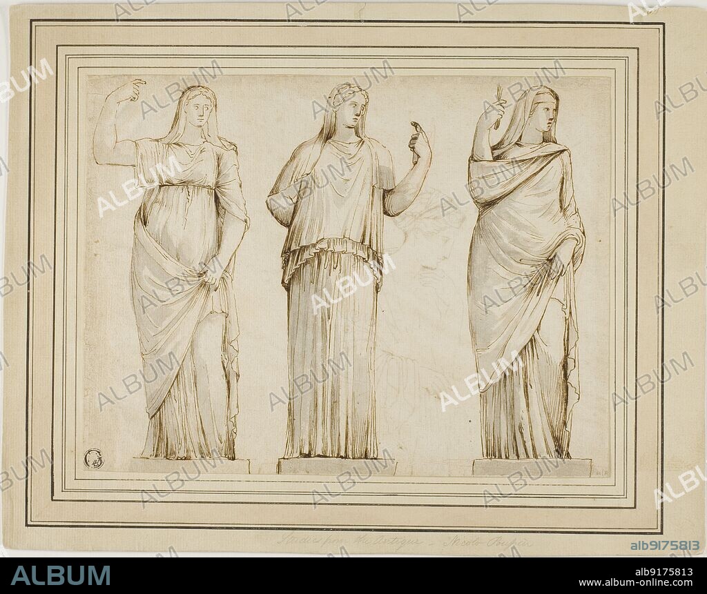 Three Roman Statues of Draped Female Figures and Sketch of Another Statue in Profile to Right, n.d.