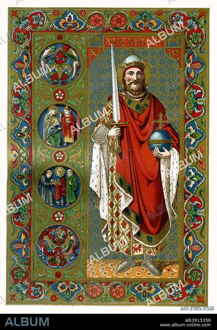 St Henry, Holy Roman Emperor, 1886. Henry II (973-1024) was the fifth and final Holy Roman Emperor of the Saxon Ottonian dynasty. Published in Butler's Lives of the Saints, DIV 4, by the Rev Alban Butler, London & Dublin, 1886.