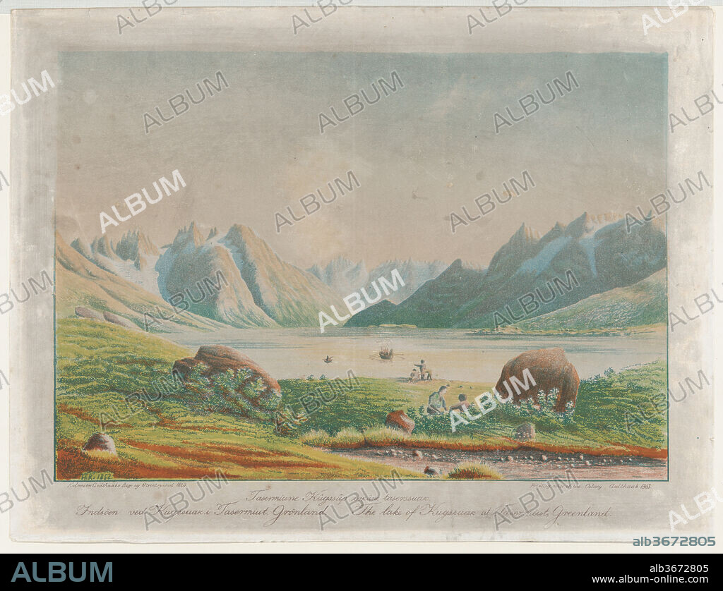 The lake of Kuggsuak at Tasermiut, Greenland. Artist: Lars Møller (Greenlandic-Inuit, 1842-1926); After Dr. Hinrich Johannes Rink (Danish, Copenhagen 1819-1893 Christiana). Dimensions: Image: 10 1/4 × 14 11/16 in. (26.1 × 37.3 cm)
Sheet: 12 13/16 × 16 7/8 in. (32.6 × 42.8 cm). Date: 1863.
This lithograph, along with 60.704.1 and 60.704.2, were executed by Lars Moeller, the native Greenlander in charge of the press, after watercolors by Hinrich Rink. It is probable that the prints were designed for export as well as home sale due to the legends in English, Danish, and Greenlandic. They were made in a small number on the lithographic press Rink brought to Greenland in 1857, and these prints are probably the best examples of the early work.