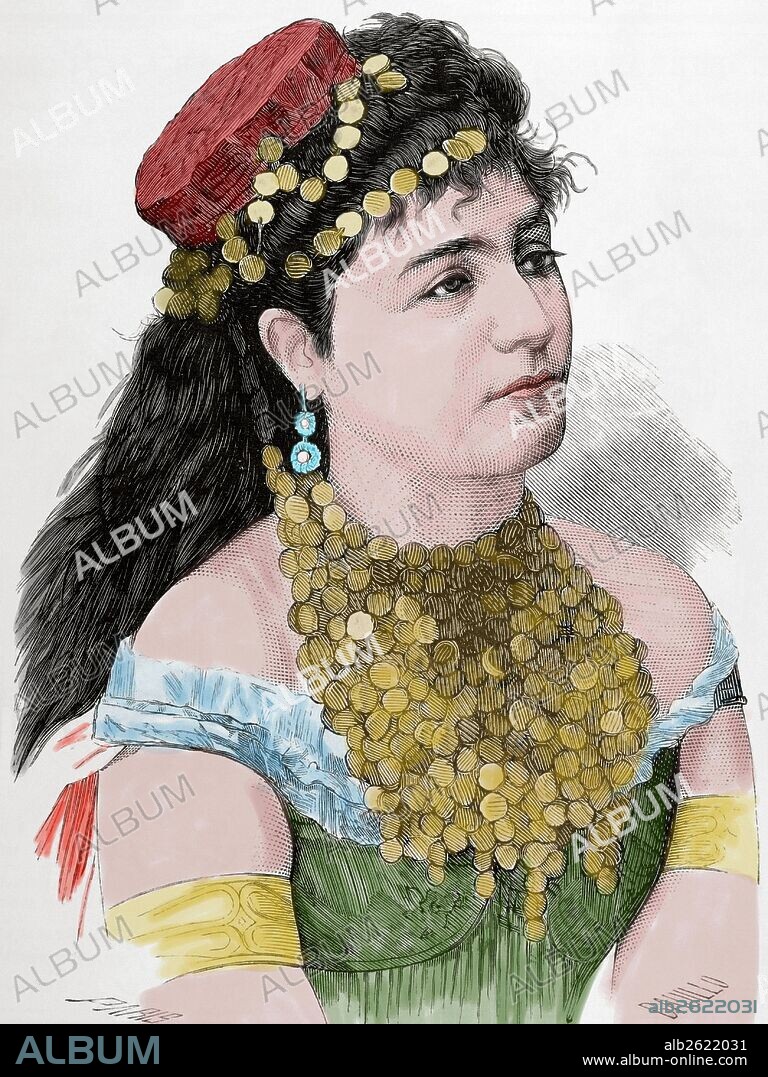 Rosa Mauri (1849/1950-1923). Bailarina española. Primera bailarina de la Ballet de la Opera de París desde 1878. Retrato. Grabado por Paris. "La Ilustración Española y Americana", 1875. Coloreado.