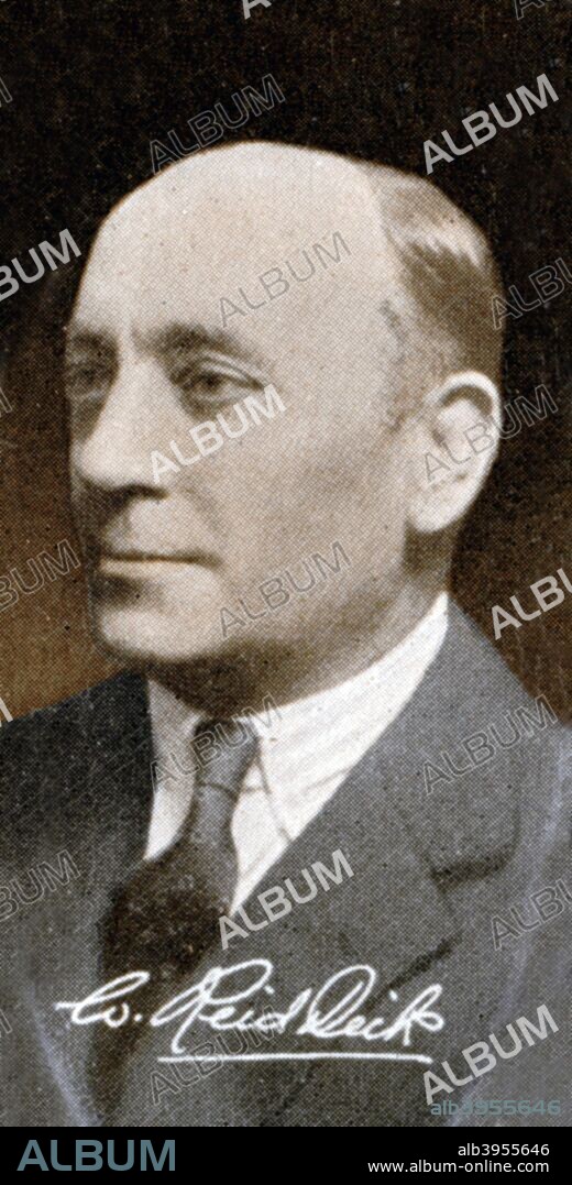 Sir William Reid Dick (1879-1961), 1935.  Sir William Reid Dick was a Scottish  sculptor. He became a Royal Academician in 1928 and President of the Royal Society of British Sculptors from 1933 to 1938. He was knighted by King George V in 1935. He was Sculptor in Ordinary for Scotland to King George VI  from 1938 until his death. A print from the photo album Popular Personalities, issued for Piccadilly Juniors Oval Photos, 1935.