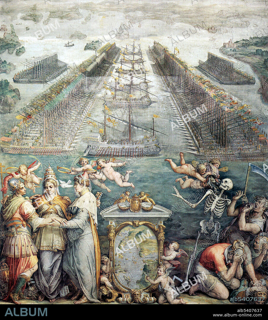 The Battle of Lepanto took place in the Gulf of Corinth on October 7, 1571 when a fleet of the Holy League, a coalition of southern European Catholic maritime states, defeated the main fleet of the Ottoman Empire. Each side had over 200 ships. In five hours of fighting, over 25,000 were killed, wounded or captured, and large numbers of Ottoman ships captured or sunk. Lepanto was the last major naval battle in the Mediterranean fought entirely between galleys and has been assigned great symbolic importance. Giorgio Vasari fresco commissioned by Pope Pius (cropped and cleaned).