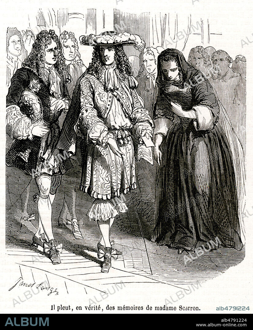 Il pleut en verite des memoires de madame Scarron (la future marquise de MAINTENON (1635-1719), alors jeune veuve de Paul SCARRON (1610-1660) est remarquee par LOUIS XIV (1638-1715). Illustration vers 1850 de JANET-LANGE (1815-1872) pour Chroniques de l'Oeil-de-Boeuf par Georges TOUCHARD-LAFOSSE (1780-1847). Credit : Collection Jonas/Kharbine-Tapabor.