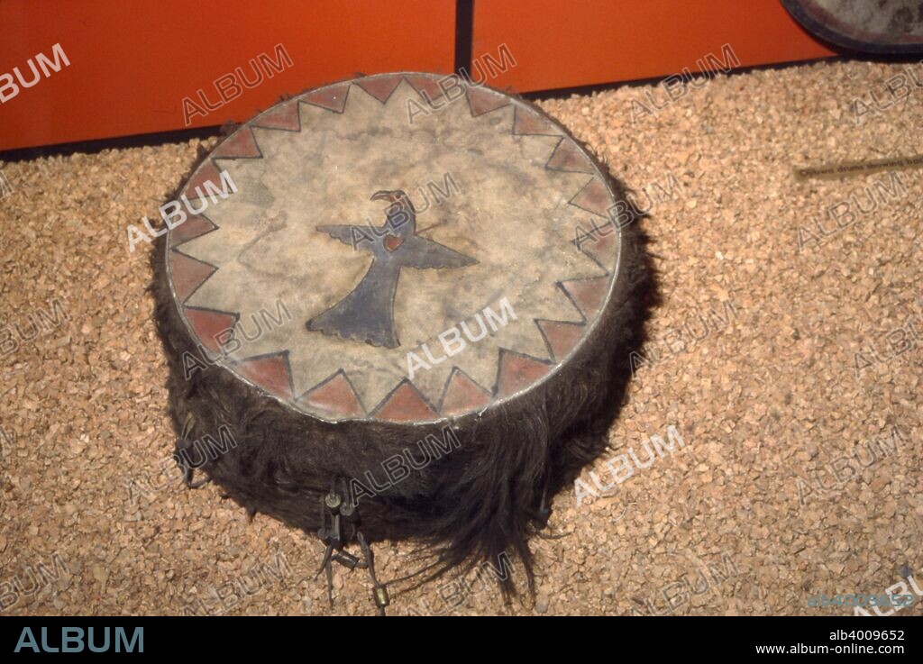 Winnebago Tribe, North American Indian Double headed Drum.  Note the Bird, possibly and Eagle with an arrow leading to the heart. The Winnebago Tribe of Nebraska is one of two federally recognized tribes of Ho-Chunk Native Americans.