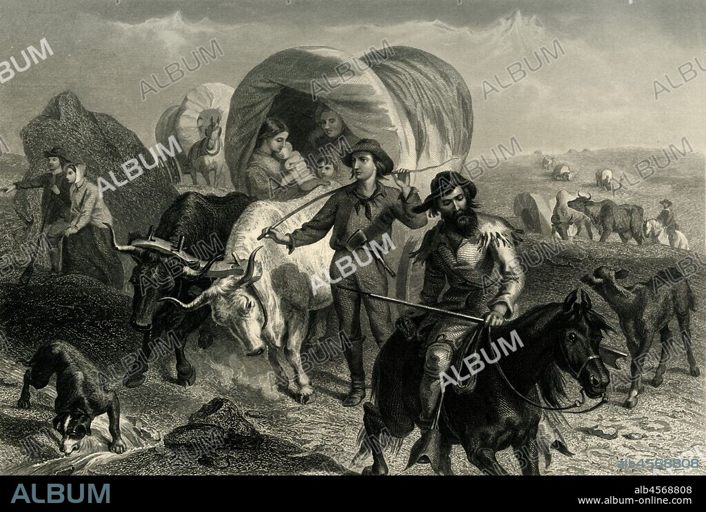 HALL, JR., HENRY BRYAN. 'Emigrants Crossing the Plains', c1869, (1874). 'Pioneers' in covered wagons pulled by oxen, travelling west to colonise the USA. From "Picturesque America; or, The Land We Live In, A Delineation by Pen and Pencil of the Mountains, Rivers, Lakes...with Illustrations on Steel and Wood by Eminent American Artists" Vol. II, edited by William Cullen Bryant. [D. Appleton and Company, New York, 1874].