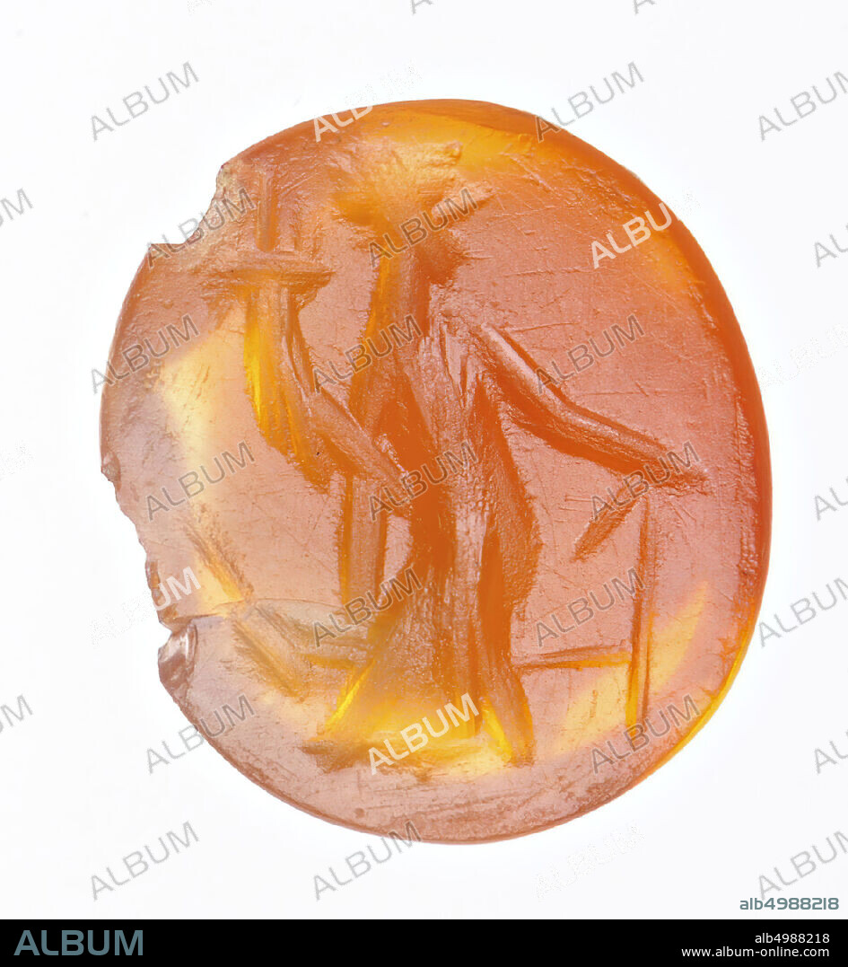 Fortuna with cornucopia in the right hand and supporting with the left hand on a rudder., Gem, intaglio, ringstone, stone, carnelian, Color: orange, transparent, Shape: oval, standing, Machined: Maaskant-Kleibrink, M. , Catalog of the engraved gems in the Royal Coin Cabinet, 1978, p.60, fig.2, type F1, 9 x 8 mm. Thickness 3 mm., 2nd - 3rd century after Chr. 100-300, Netherlands, Limburg, unknown, unknown.