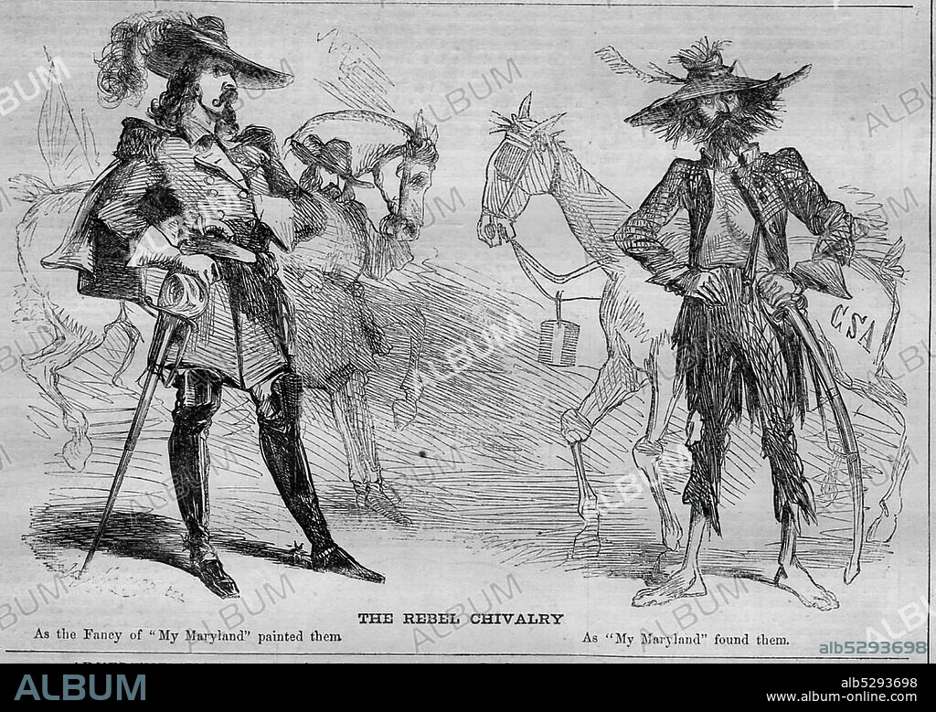 Satirical cartoon. Contrasting the Cavalier self-image of the Confederate "chivalry" with the reality of ragged, dirty Confederate soldiers in Maryland.