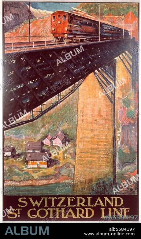 St. Gotthard (Schweiz), St. Gotthard-Bahn. "Switzerland / St. Gotthard Line". Plakat, 1924. Entwurf: Daniele Buzzi.