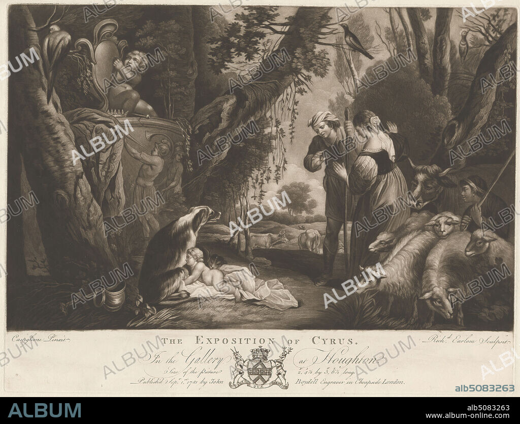 The Exposition of Cyrus, Print made by Richard Earlom, 17431822, British, after Giovanni Benedetto Castiglione, c.16101665, Italian, Published by John Boydell, 17201804, British, 1781, Mezzotint and etching on moderately thick, moderately textured, cream wove paper, Sheet: 11 15/16 x 15 1/4 inches (30.3 x 38.8 cm), Plate: 11 x 14 1/2 inches (28 x 36.9 cm), and Image: 9 5/16 x 14 1/2 inches (23.7 x 36.9 cm), ancient history, birds, blanket (covering), boys, children, coat of arms, cows, crest, crooks (object genres), crown (symbol of sovereignty), dogs (animals), forest, frieze (ornamental band), gown, helmets, heraldic motif, herdsman, historical subject, king (person), landscape, nude, oxen, Persian, relief, sheep, shepherd, shield (armor), sleeping, surprise, sword, the infant Cyrus suckled by a bitch, trees, vines, woodland.