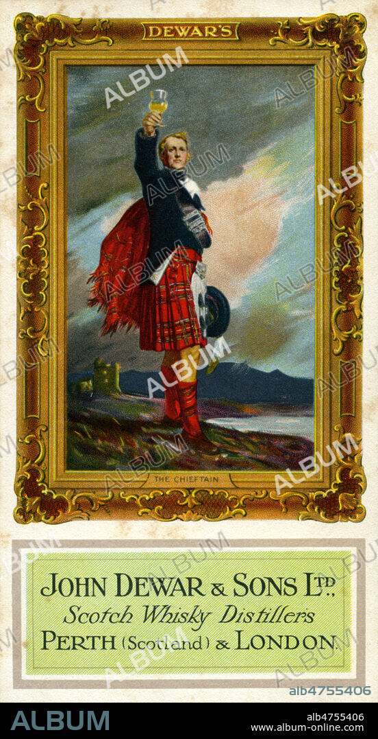 Ecossais en kilt levant son verre. Carte publicitaire de 1921 pour le whisky John Dewar. Illustration anonyme. Credit : Collection IM/KHARBINE-TAPABOR.