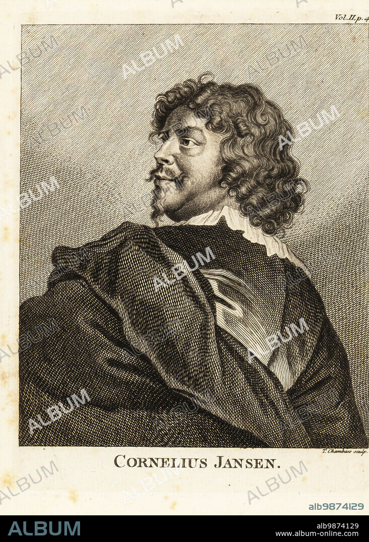 Portrait of Cornelius Johnsen, English portrait artist 1593-1661. Cornelius Jansen. Copperplate engraving by Thomas Chambars after a portrait by Adriaan Hanneman, London, 1762.