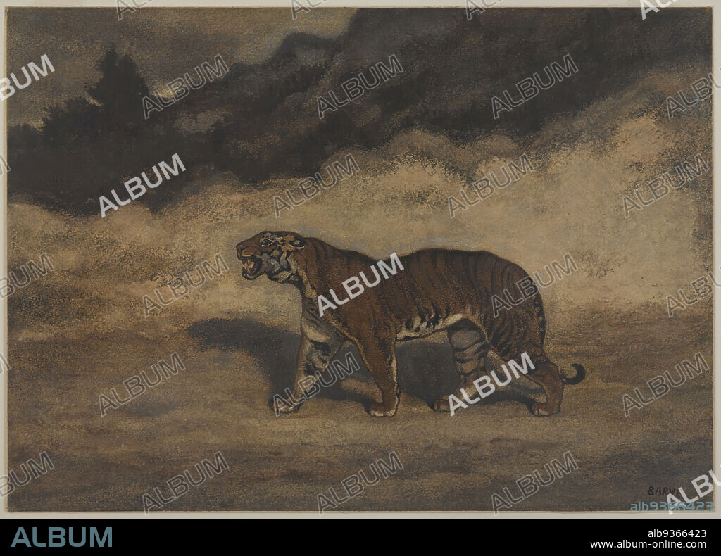 Tiger Walking to the Left, Tigre marchant vers la gauche, Antoine-Louis Barye, French, 1795-1875, Pastel and watercolor on cream-colored wove paper mounted on thin paperboard, France, n.d., 10 3/8 x 14 9/16 in., 26.4 x 37 cm, Animal, Barye, European, French, growl, Landscape, pastel, prowl, sand, shadow, sky, stride, stripes, tiger, watercolor, yellow.