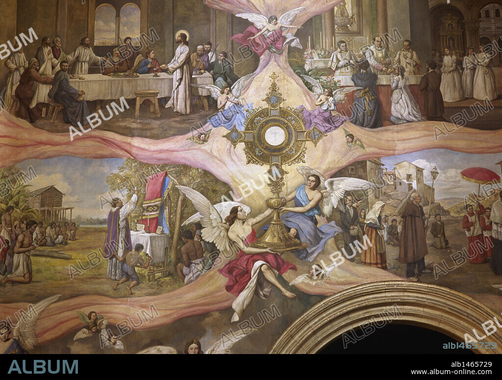 Detalle de las pinturas de la CATEDRAL, conocida popularmente como IGLESIA DE SAN JUAN BAUTISTA. Zona superior, de izquierda a derecha: "ULTIMA CENA" y "PRIMERA COMUNION". Zona inferior, de izquierda a derecha: "MISIONERO CELEBRANDO LA EUCARISTIA" y "PROCESION". Pinturas fechadas en 1959. ALBACETE. Castilla-La Mancha. España.