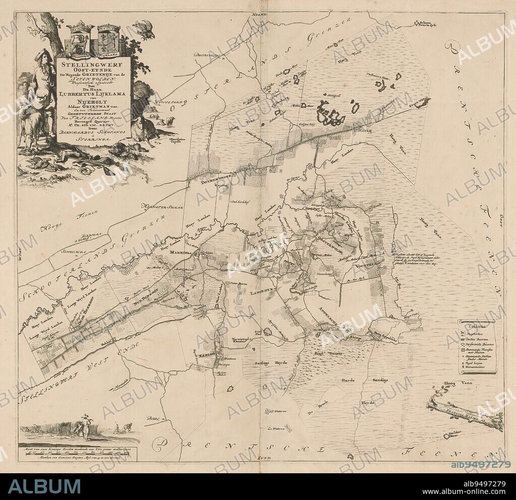 Map of the Ooststellingwerf district, Stellingwerf Oost-eynde the ninth district of the Sevenwolden (...) (title on object), Top left cartouche with title and administrative information about the district. The cartouche is surrounded by a hunter, hunting dogs, cattle and the coats of arms of Ooststellingwerf and of the local landowner Lubbertus Lycklama à Nijeholt. Bottom left a scaled map: Maat van 1200 konings roeden maakende een uire gaans welker 2000 maaken een gemeene Duytze myl van 15 in een graad. Above that farmers. Bottom right legend., print maker: Caspar Luyken, (attributed to), Bernardus Schotanus à Sterringa, (mentioned on object), publisher: François Halma, (mentioned on object), print maker: Amsterdam, Friesland, publisher: Leeuwarden, 1698 and/or 1718, paper, engraving, etching, height 487 mm × width 530 mm.