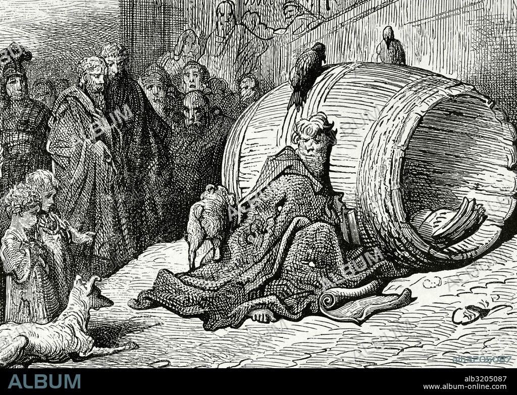 Diogenes (412-323 B.C.). Greek philosopher. One of the founders of Cynic philosophy. Also known as Diogenes the Cynic. Diogenes shelters in his barrel. Engraving by Gustave Dore.