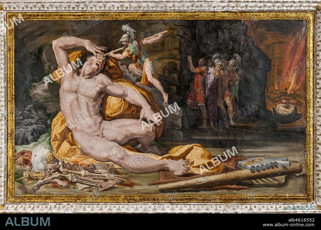 Bologna Palazzo Poggi, Room of Polyphemus: vault with episodes of the Odyssey. Detail of Ulysses blinding Polyphemus.. Frescoes by Pellegrino Tibaldi, 1550 - 1551.