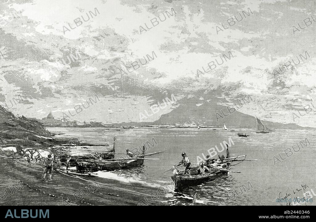 HISTORIA. NAPOLES. Vista de Posilipo. Dibujo de José María García (1862-1936). La Ilustración Artística, año 1885.