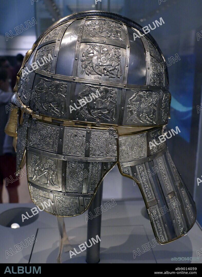 reconstruction of the Sutton Hoo helmet, a decorated Anglo-Saxon helmet discovered during the 1939 excavation of the Sutton Hoo ship-burial. Buried around 625 AD. it is believed to have been the helmet of King Raedwald; for whom its elaborate decoration may have given it a secondary function almost akin to a crown.