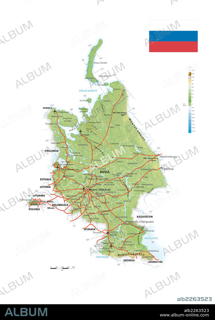 Rusia. Mapa físico y político de la parte europea de Rusia (hasta los montes Urales).
